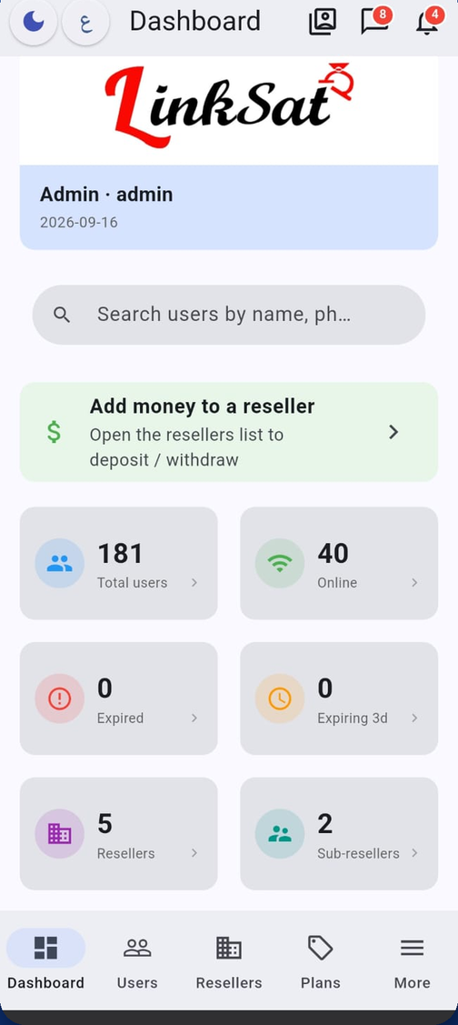 LinkRad mobile app dashboard