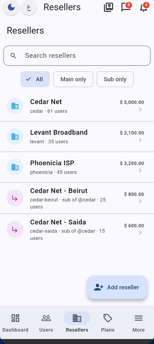 Resellers screen